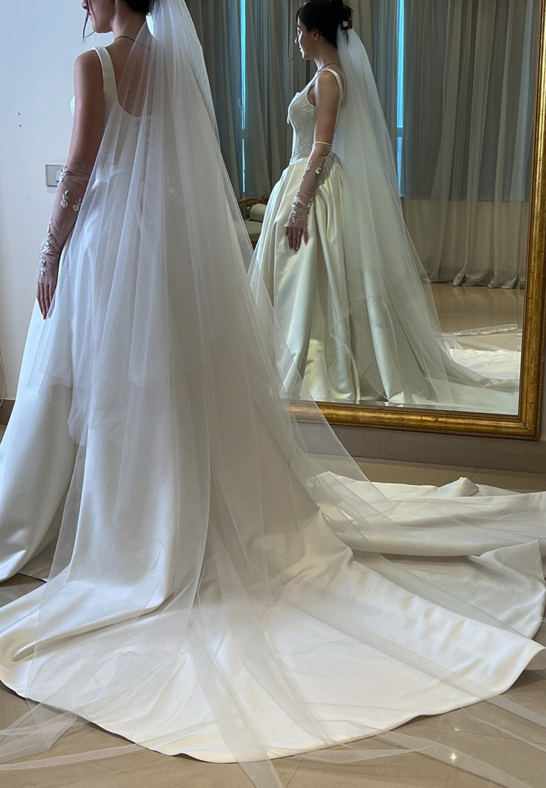 Square Straps Appliques Pleated A-Line Wedding Dress
