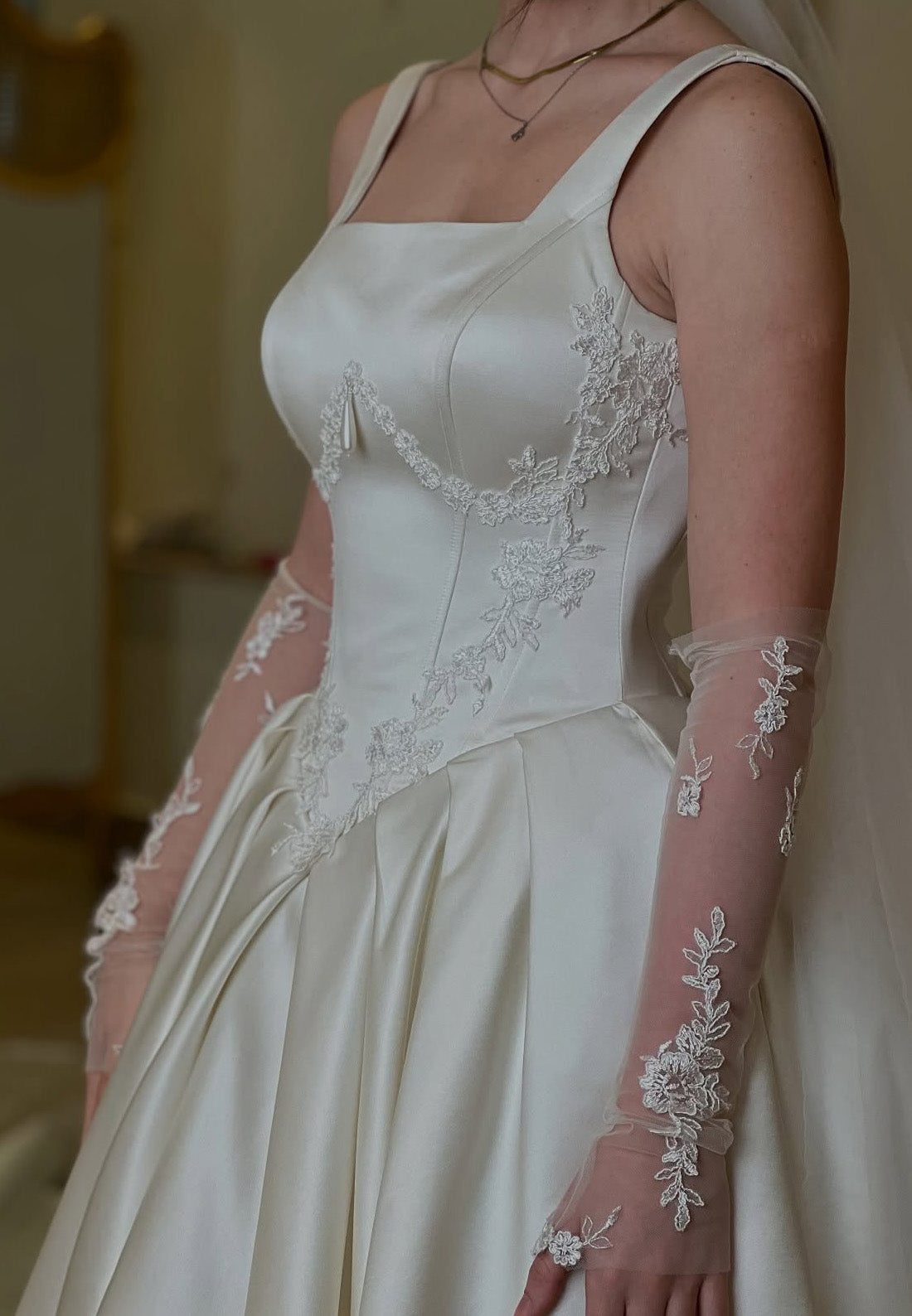 Square Straps Appliques Pleated A-Line Wedding Dress