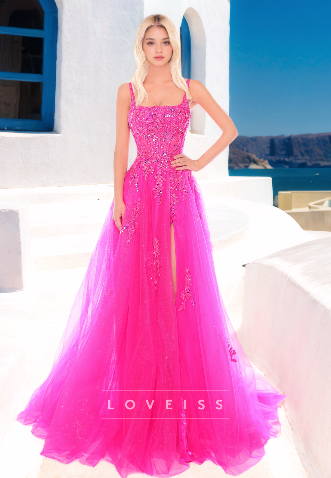 Square Straps Appliques Side Slit Ball Gown A-Line Prom Dress