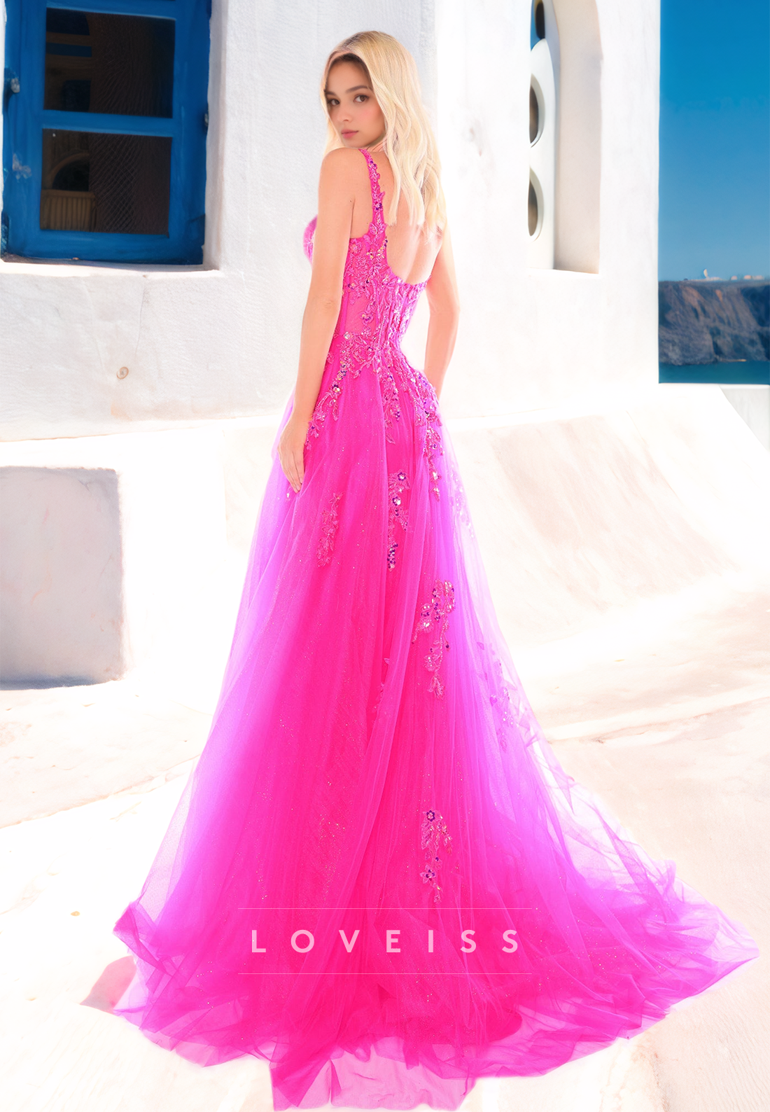 Square Straps Appliques Side Slit Ball Gown A-Line Prom Dress