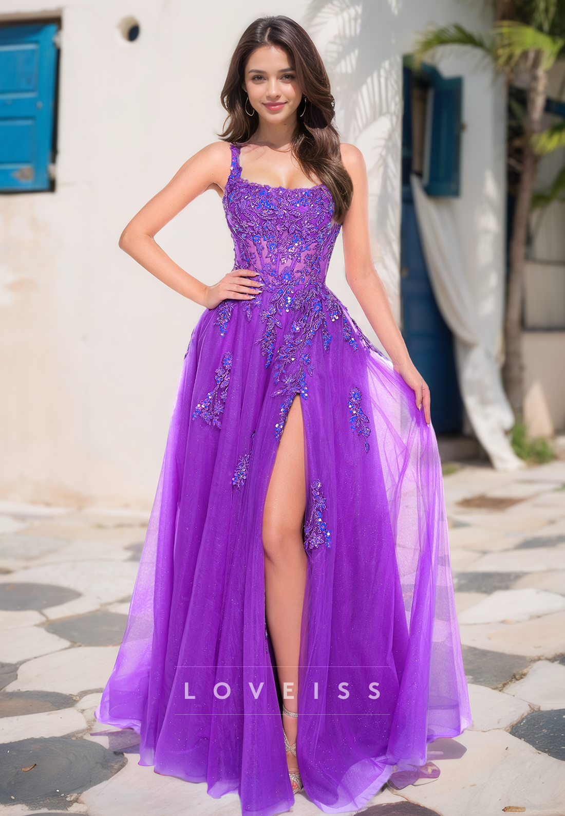 Square Straps Appliques Side Slit Ball Gown A-Line Prom Dress