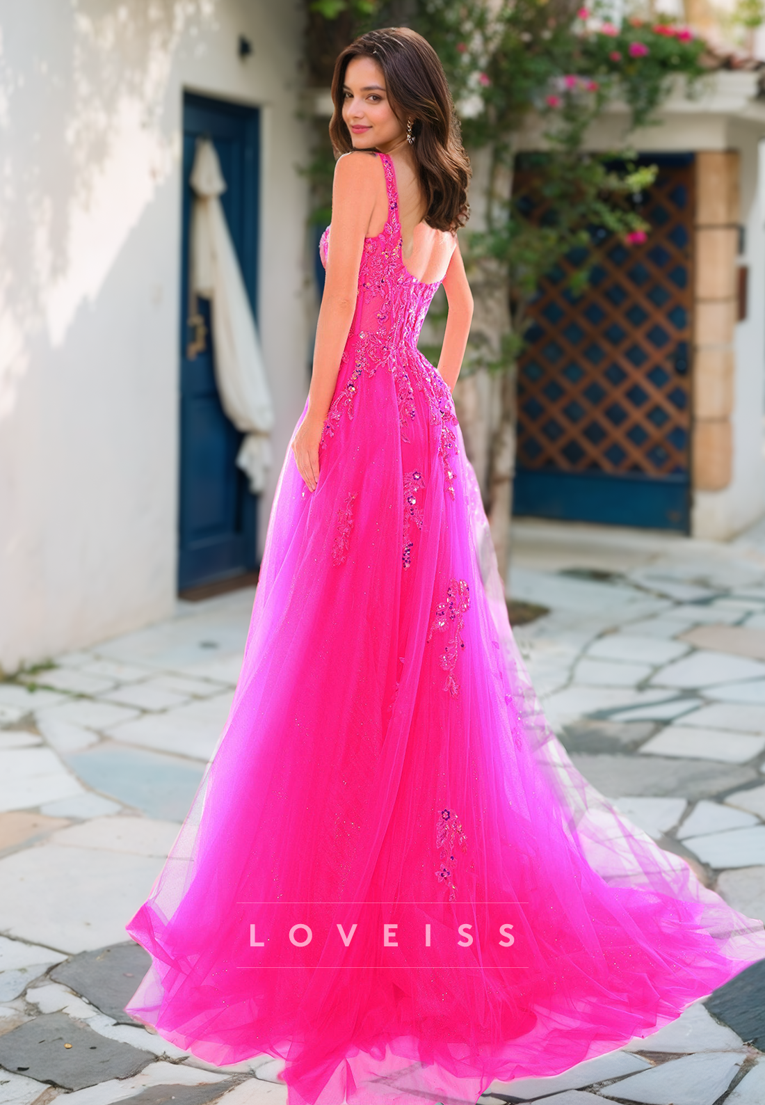 Square Straps Appliques Side Slit Ball Gown A-Line Prom Dress