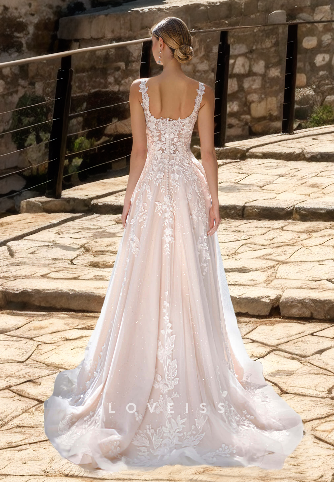 Square Straps Appliques Tulle A-Line Wedding Dress