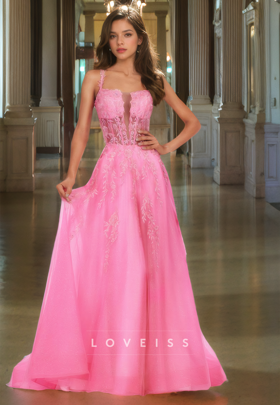 Square Straps Apppliques Tulle Lace-Up A-Line Prom Dress