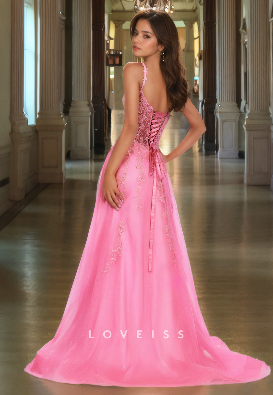 Square Straps Apppliques Tulle Lace-Up A-Line Prom Dress