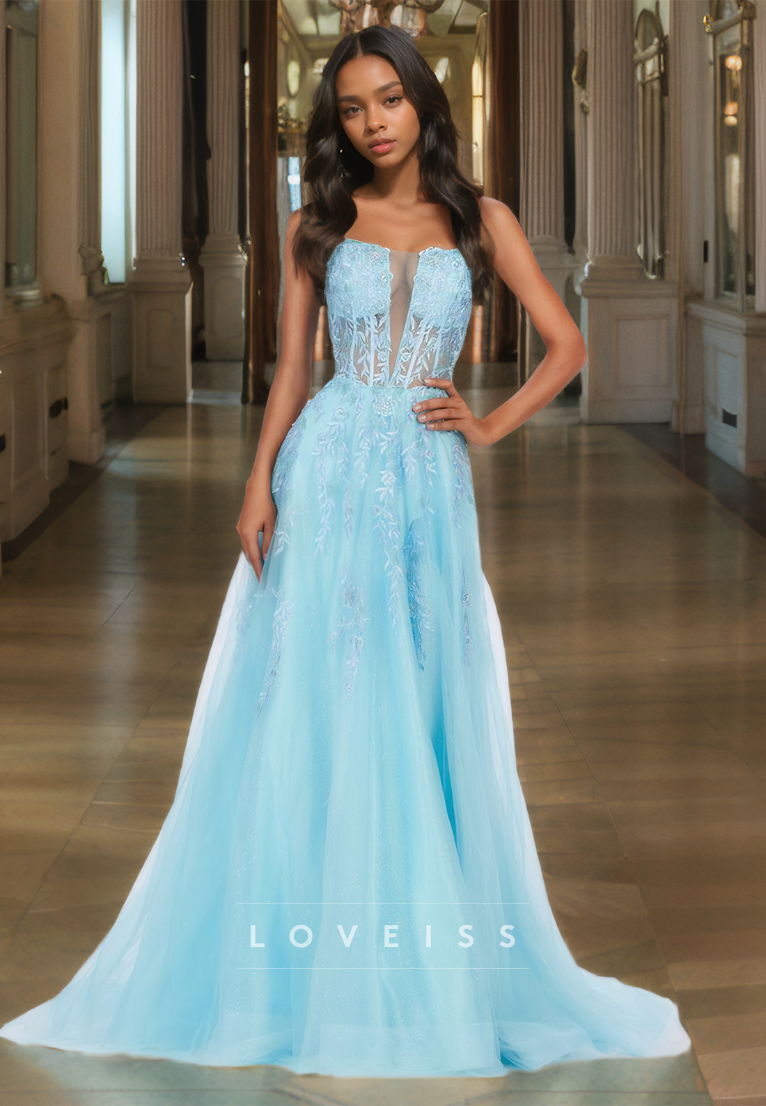 Square Straps Apppliques Tulle Lace-Up A-Line Prom Dress