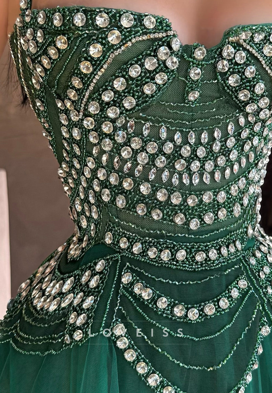 Square Straps Beaded Green Tulle A-Line Prom Dress