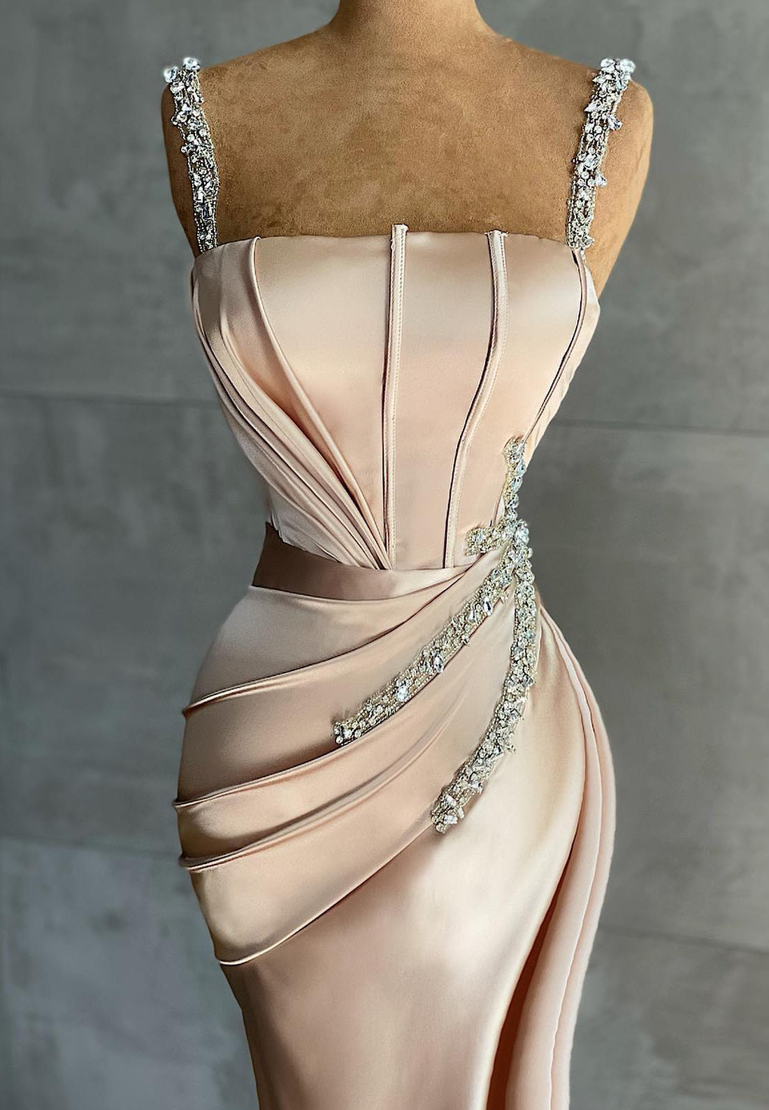 Square Straps Beaded Pleated Evening Dress Sheath Formal Dress