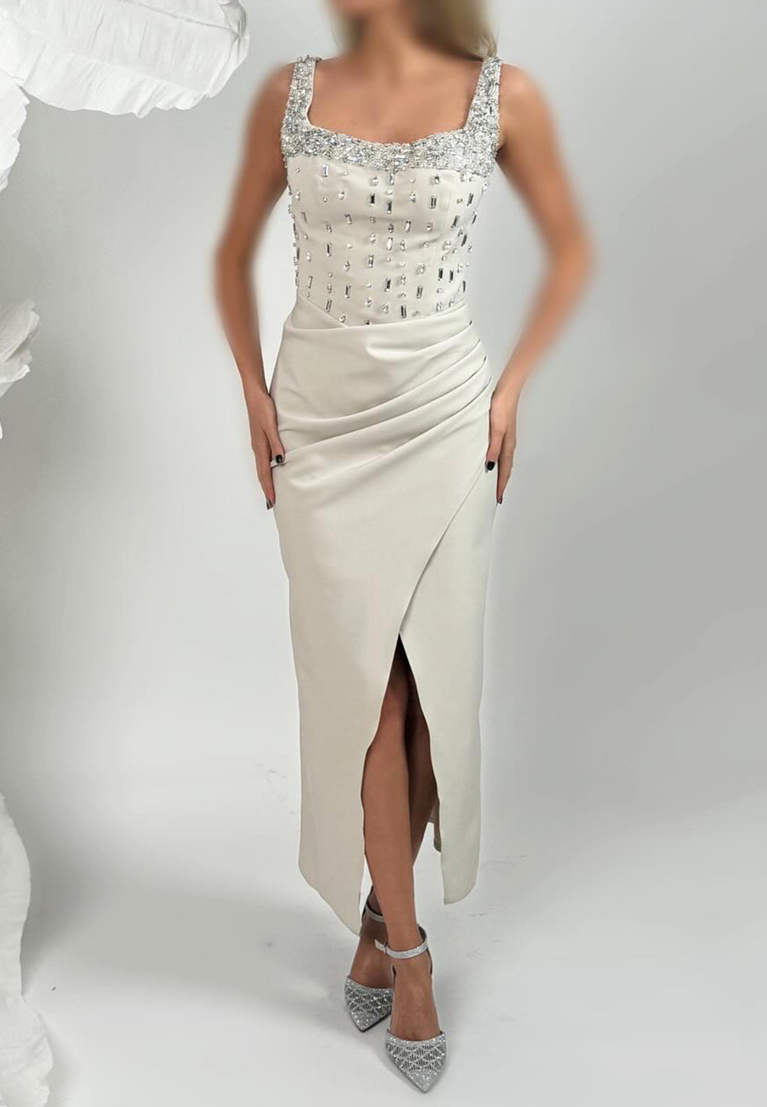 Square Straps Beaded Pleated Formal Dress Sheath Evening Dress