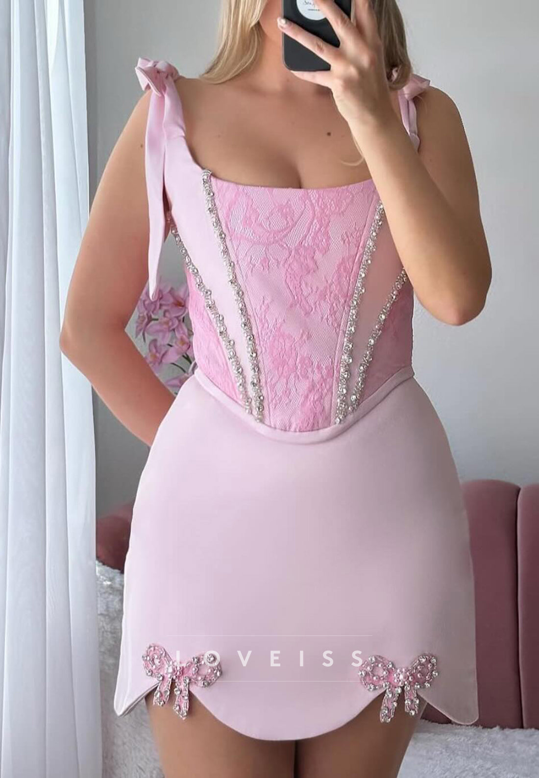 Square Straps Beaded Sheath Short Party Homecoming Dress