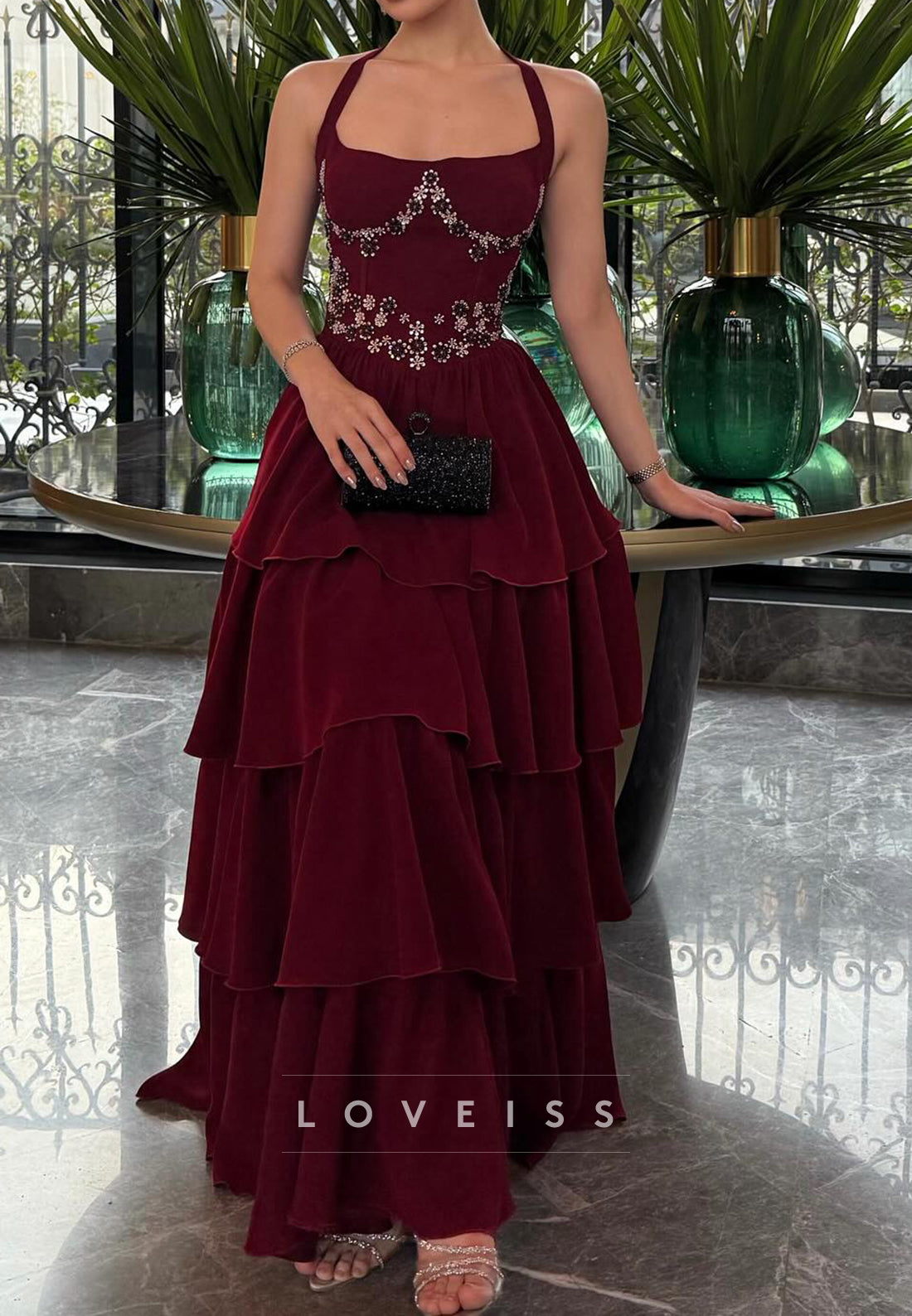 Square Straps Beaded Tiered A-Line Prom Dress