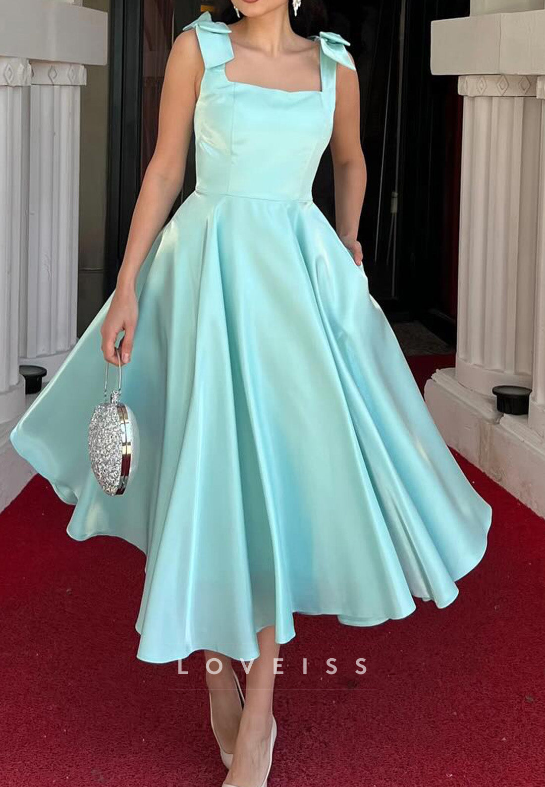 Square Straps Bowknot Pleated A-Line Cocktail Dress Prom Dress