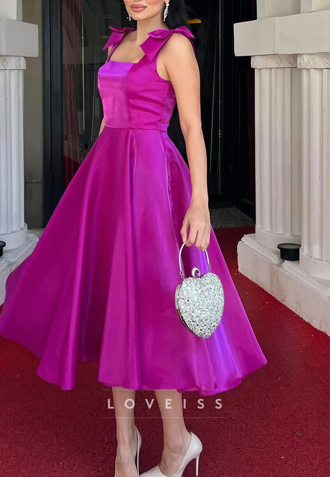 Square Straps Bowknot Pleated A-Line Cocktail Dress Prom Dress