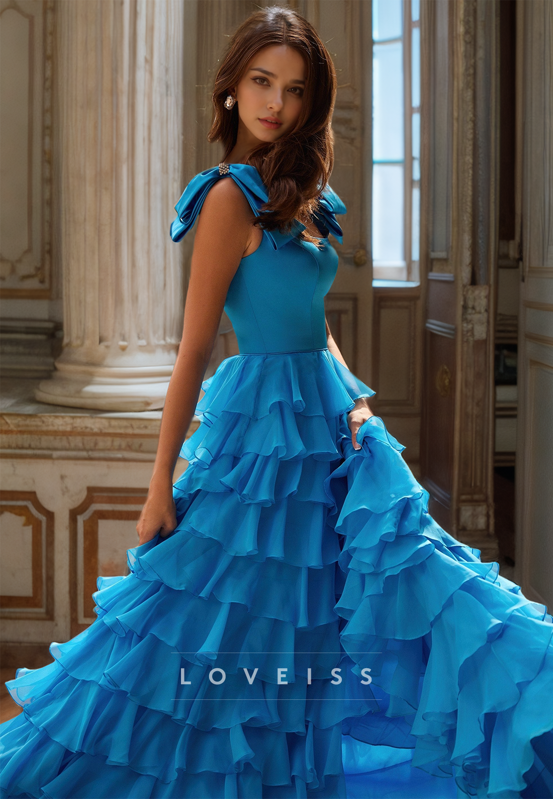 Square Straps Bowknot Tiered A-Line Prom Dress