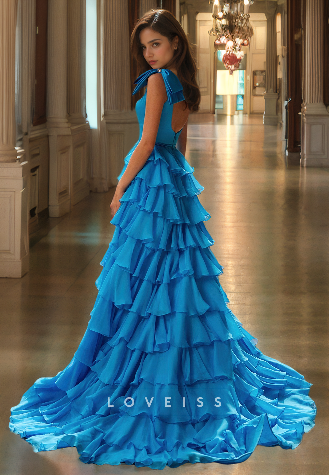 Square Straps Bowknot Tiered A-Line Prom Dress