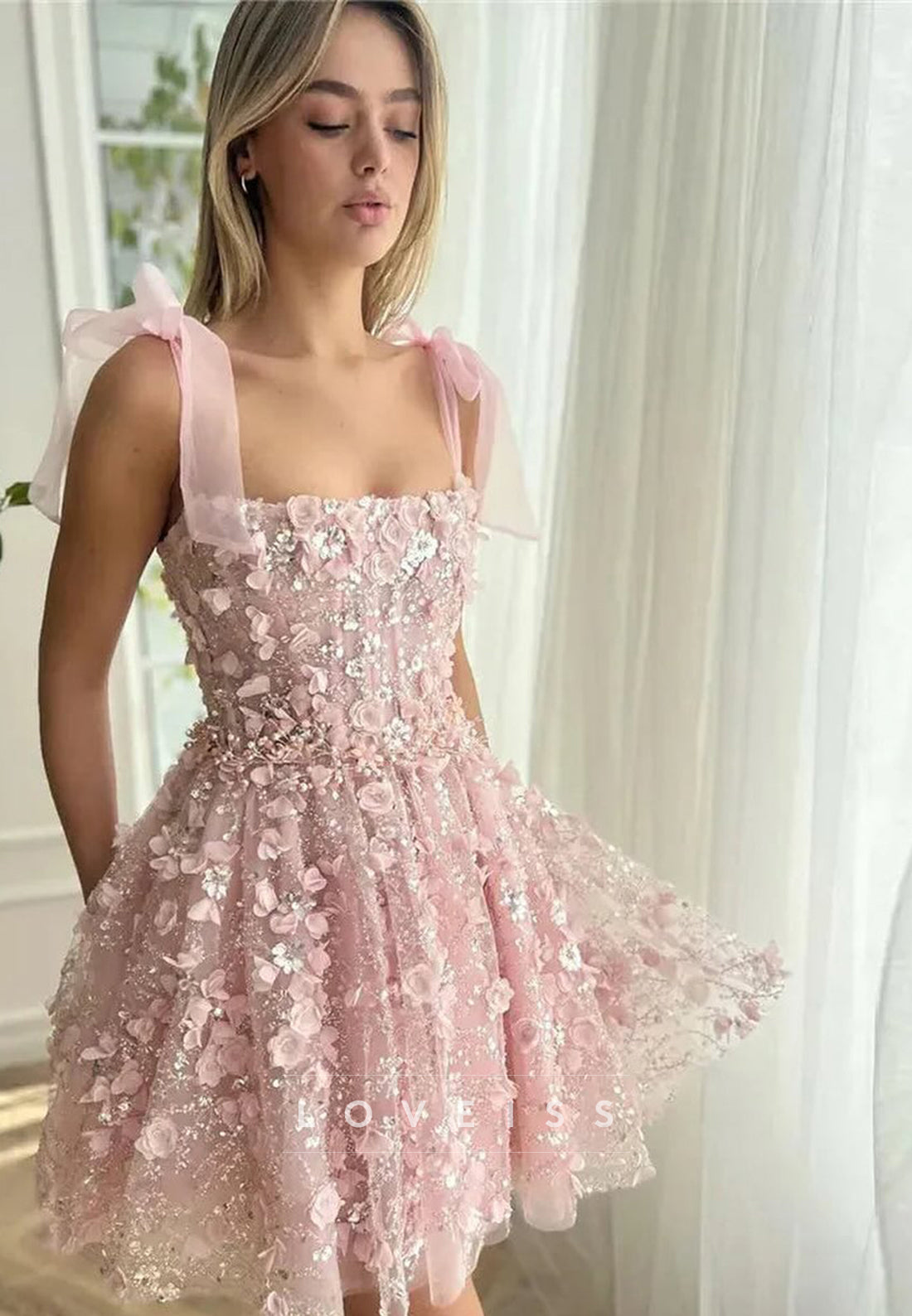 Square Straps Floral Appliques A-Line Party Homecoming Dress