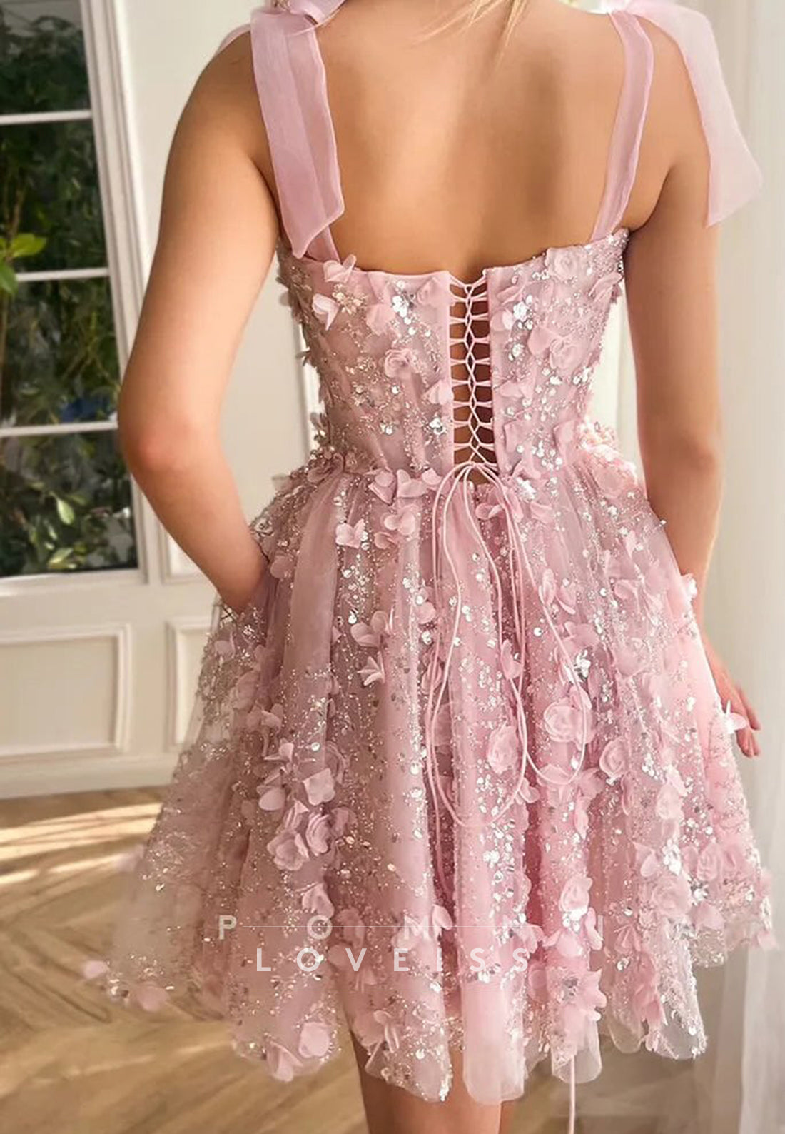Square Straps Floral Appliques A-Line Party Homecoming Dress