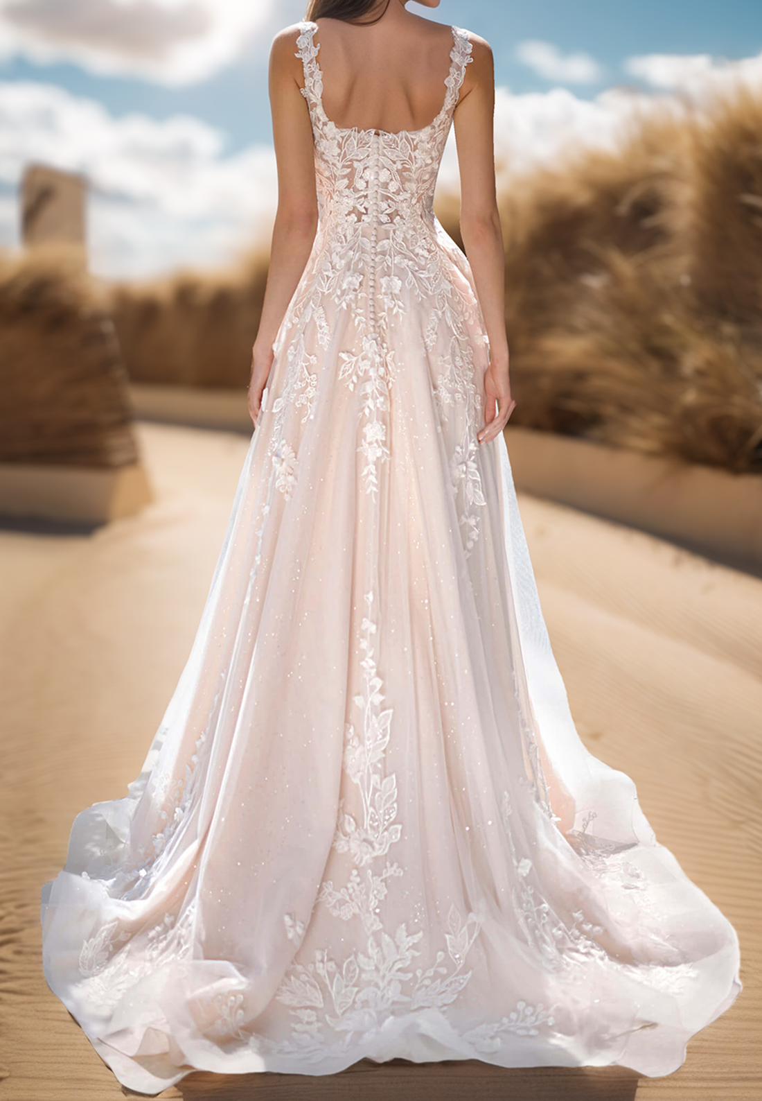 Square Straps Floral Appliques A-Line Wedding Dress