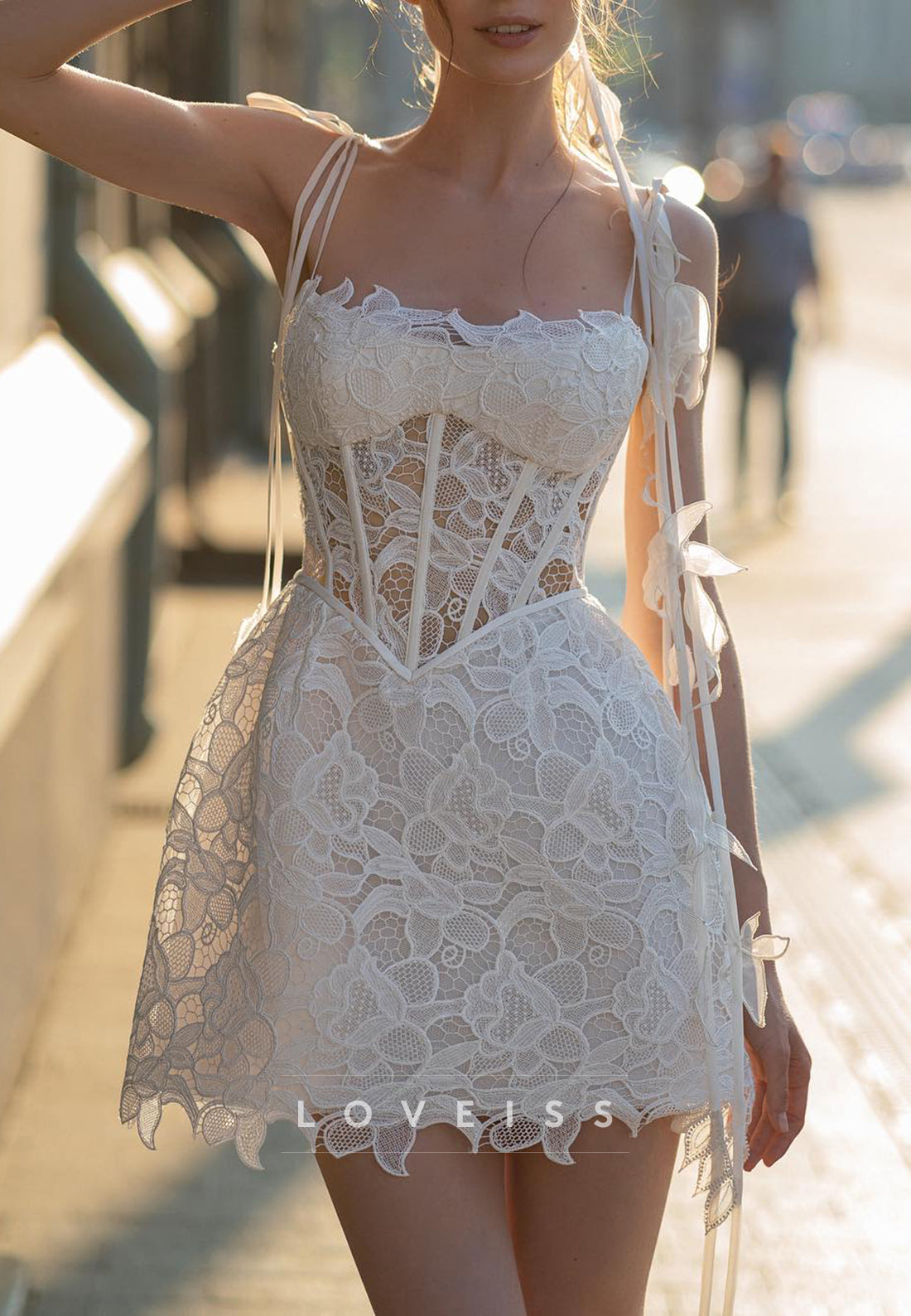 Square Straps Floral Appliques Short A-Line Wedding Dress