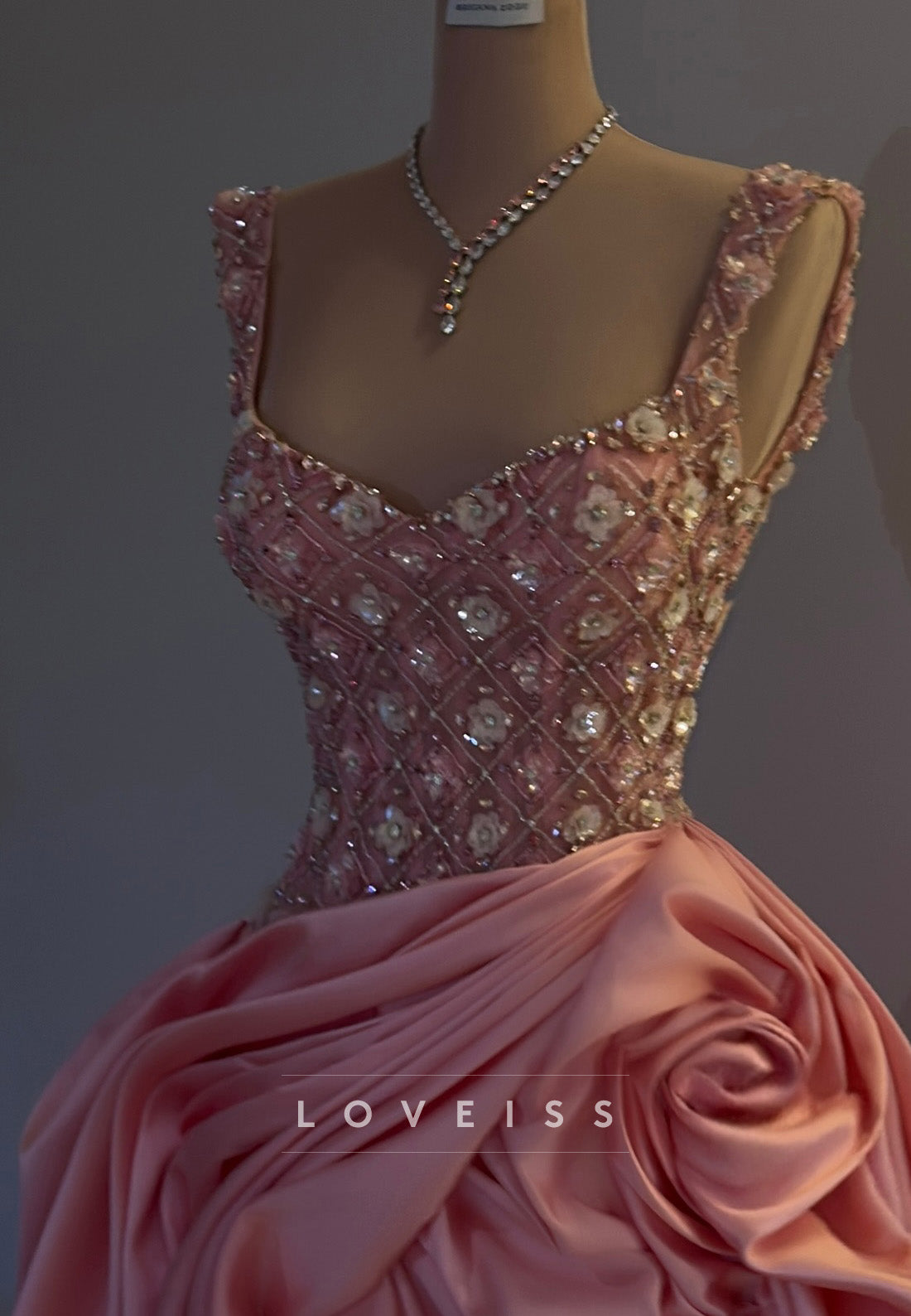 Square Straps Floral Beaded Ruched A-Line Prom Dress