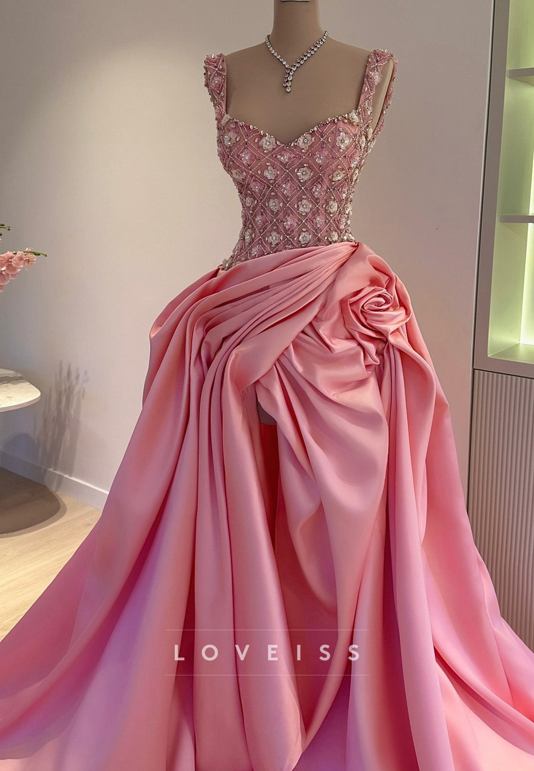 Square Straps Floral Beaded Ruched A-Line Prom Dress