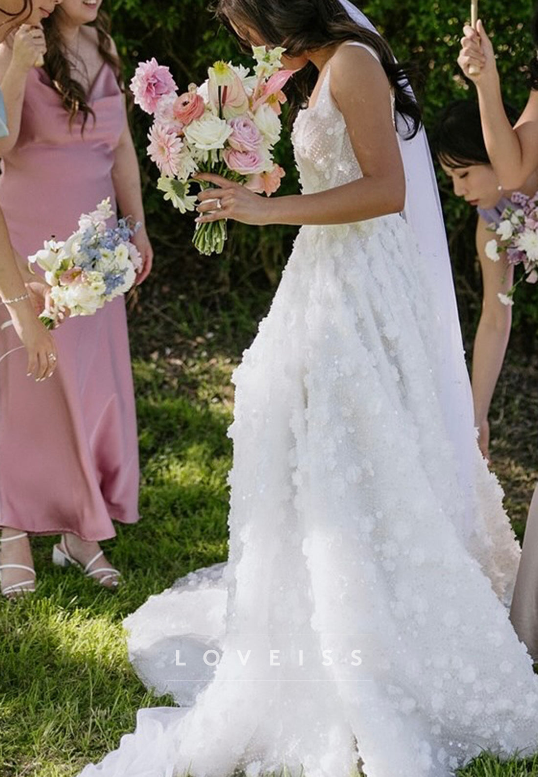 Square Straps Floral Embellished A-Line Wedding Dress