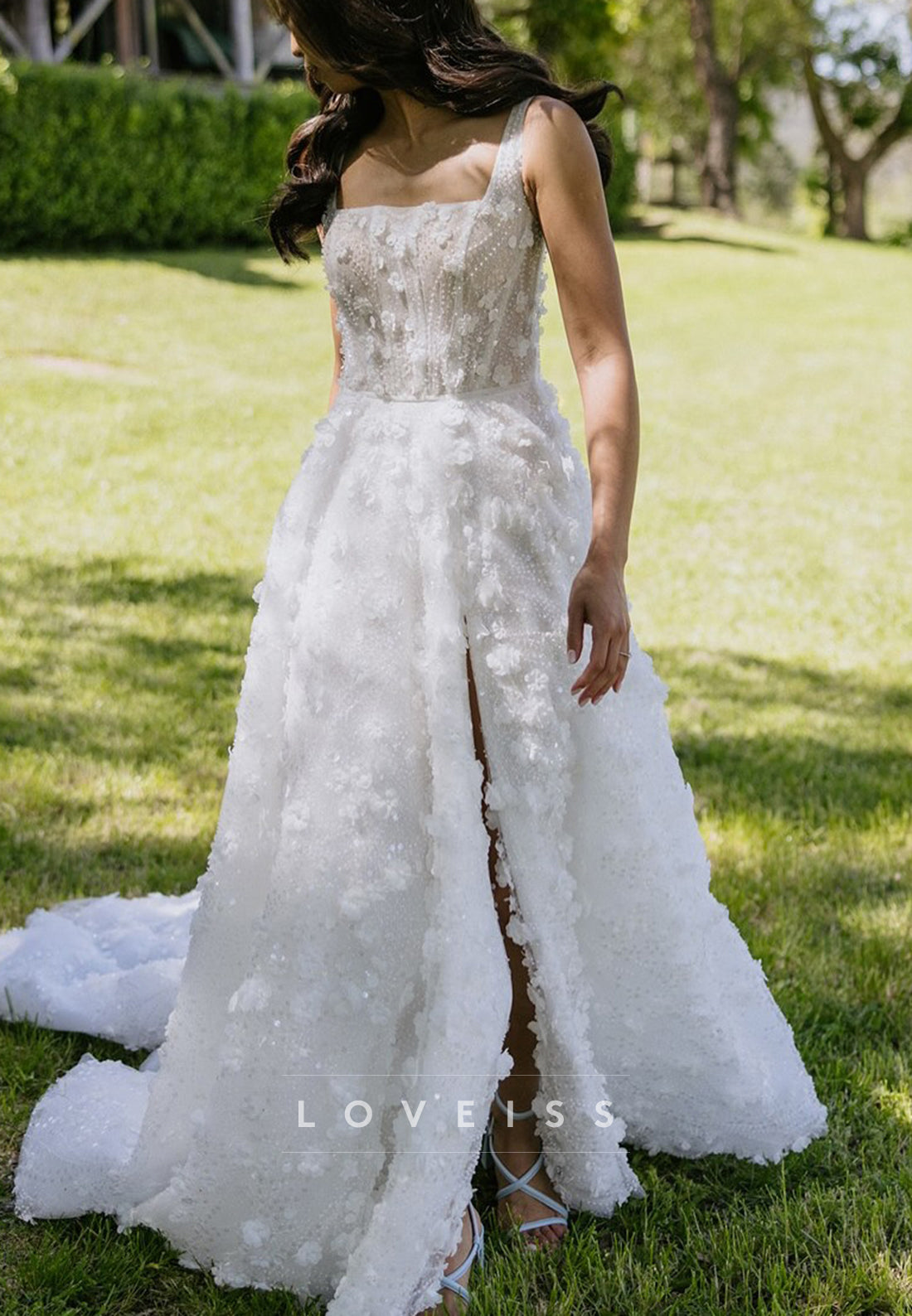 Square Straps Floral Embellished A-Line Wedding Dress