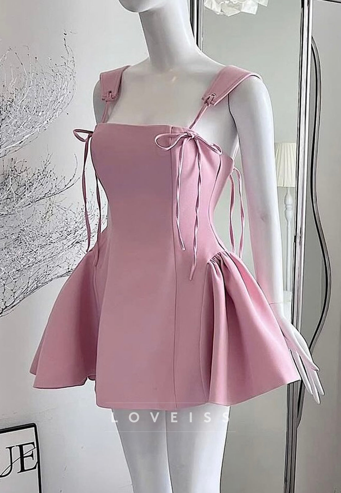 Square Straps Lace-Up Pleated A-Line Party Homecoming Dress