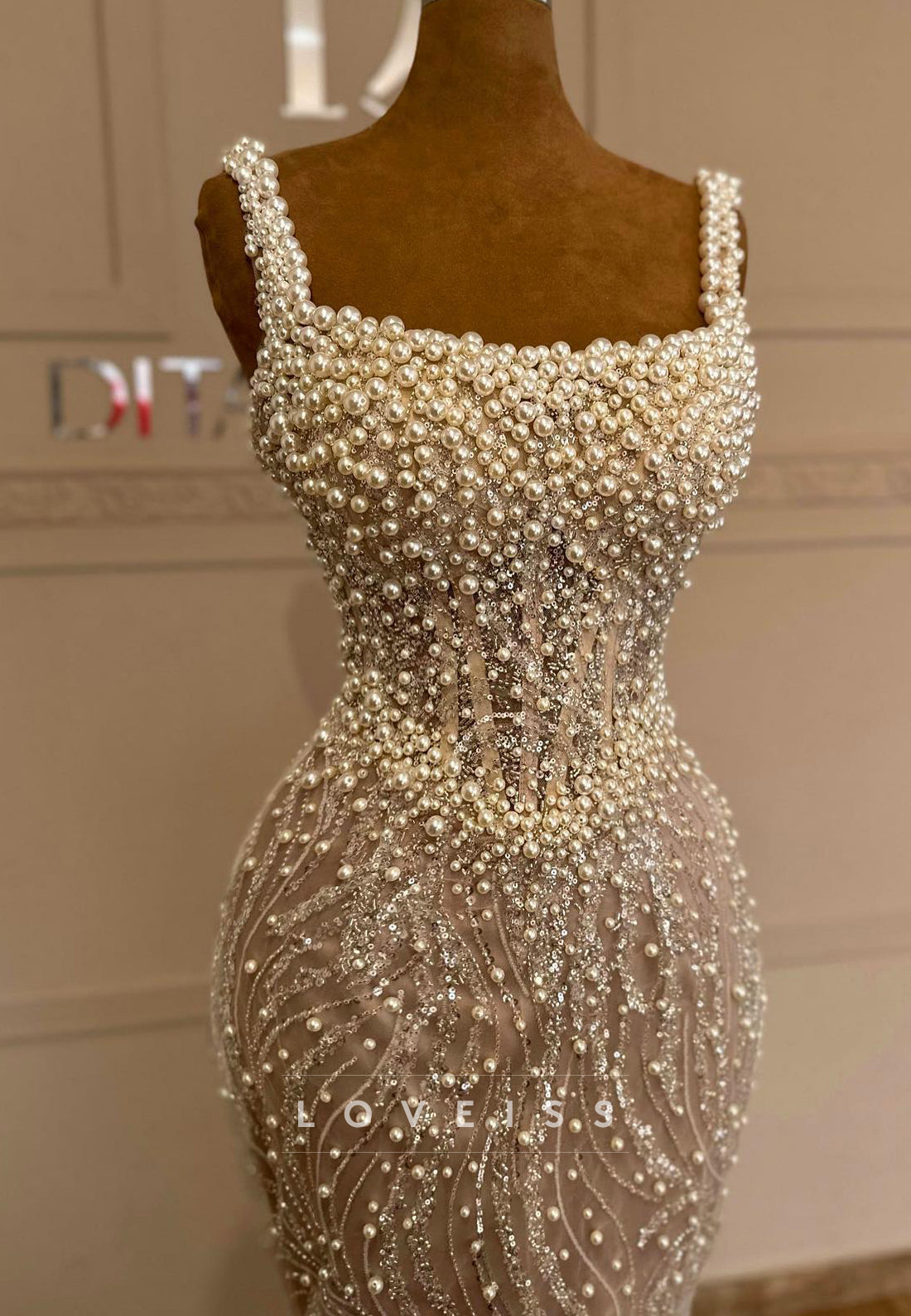 Square Straps Pearl Beaded Embroidery Mermaid Evening Dress