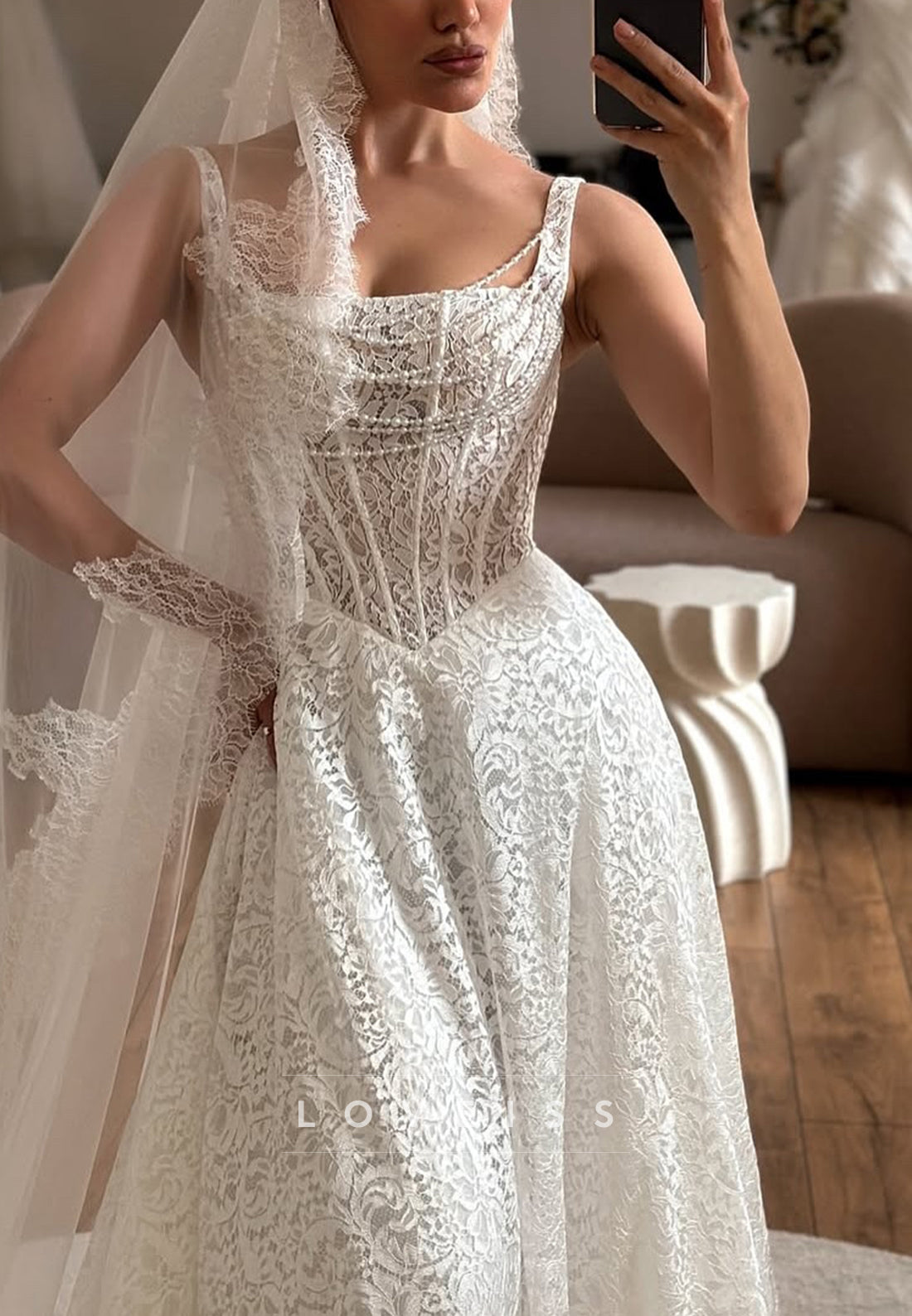 Square Straps Pearl Lace Appliques A-Line Wedding Dress