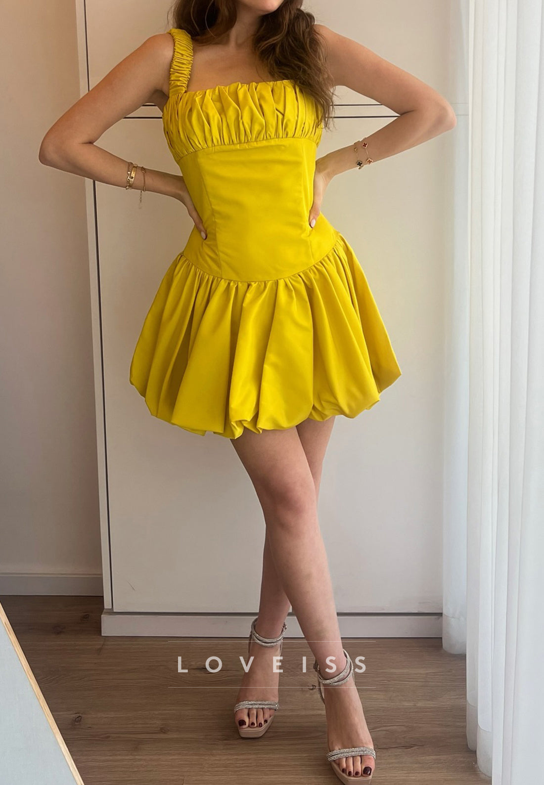 Square Straps Pleated A-Line Party Homecoming Dress