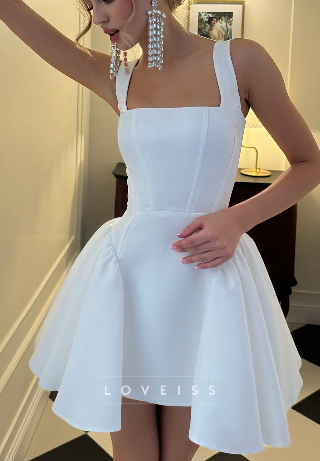 Square Straps Pleated A-Line Short Wedding Dress