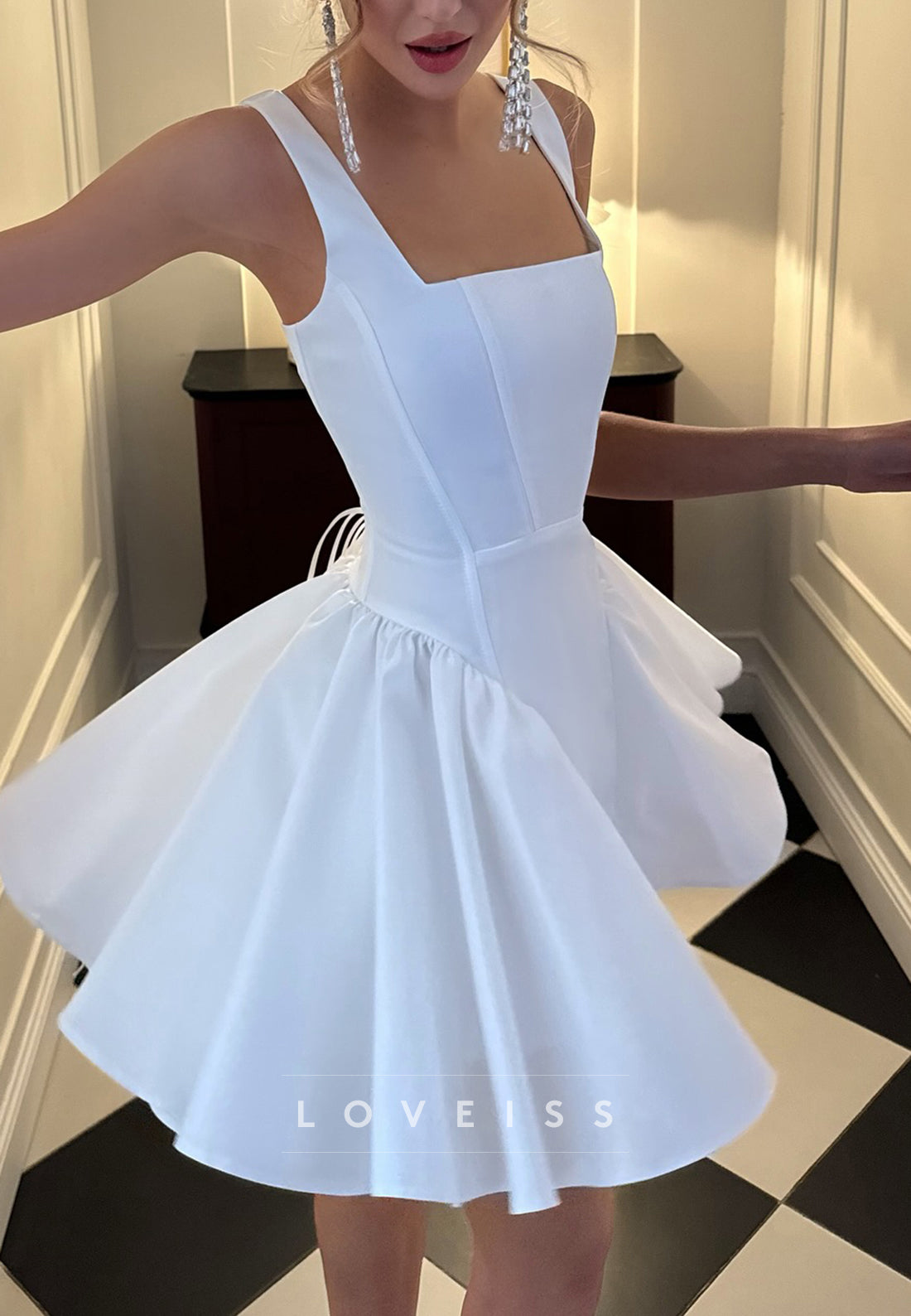 Square Straps Pleated A-Line Short Wedding Dress