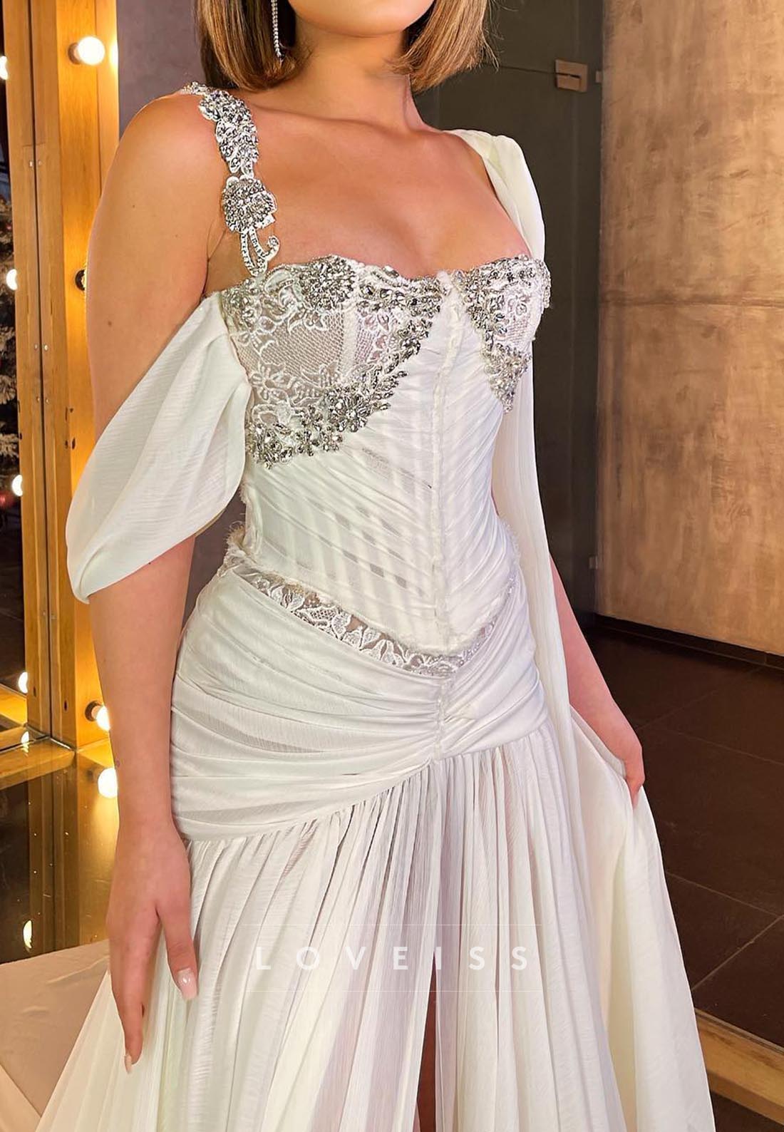 Square Straps Pleated Beaded A-Line Wedding Dress