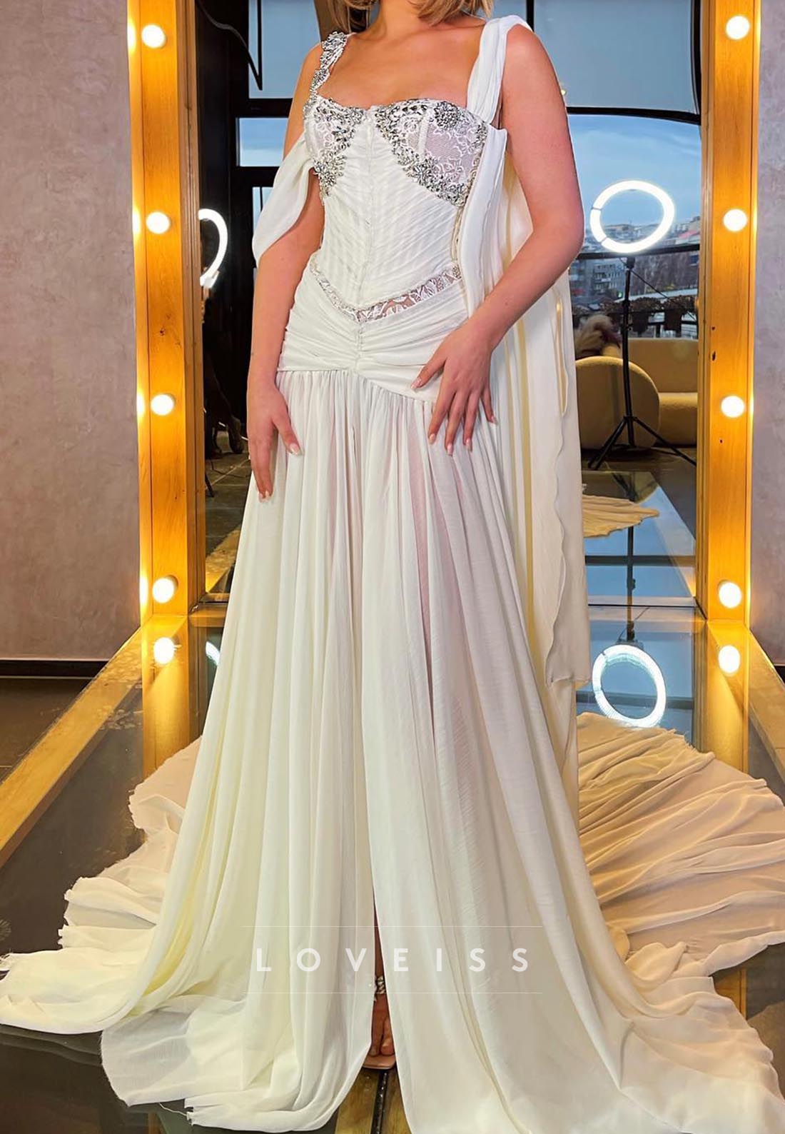 Square Straps Pleated Beaded A-Line Wedding Dress