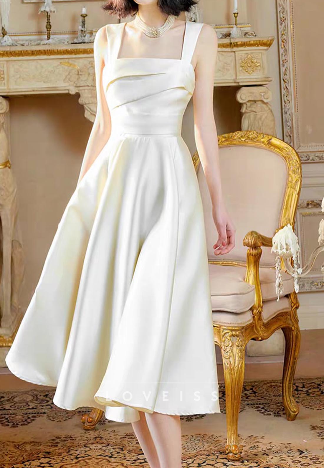 Square Straps Pleated Sleek Midi A-Line Wedding Dress