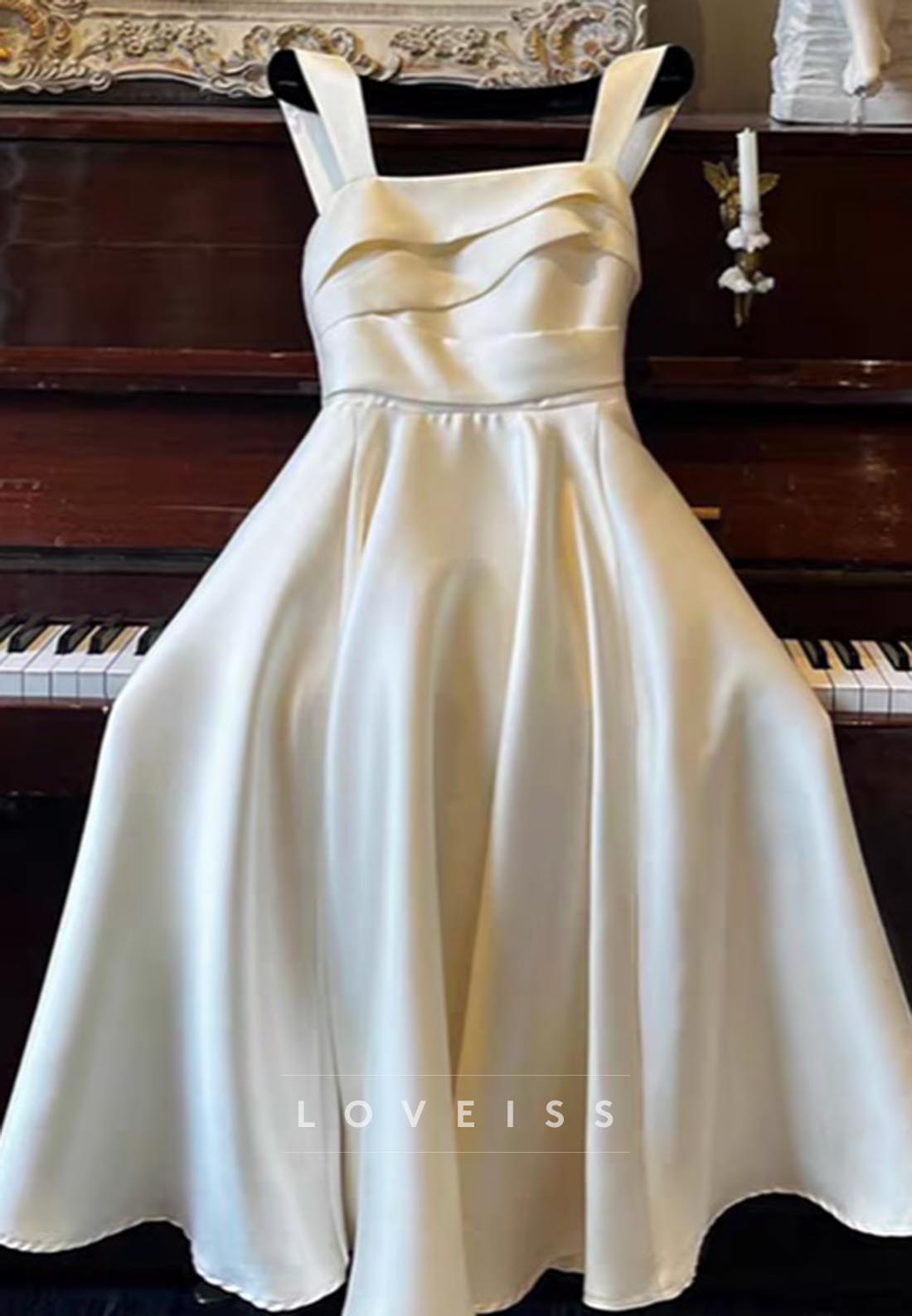 Square Straps Pleated Sleek Midi A-Line Wedding Dress