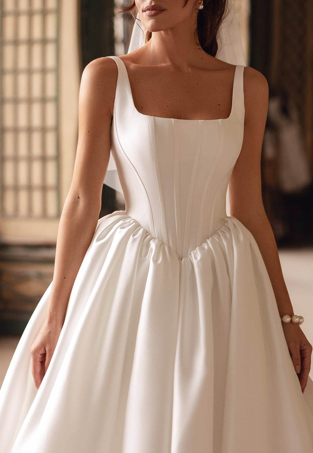 Square Straps Pleated Sleek Satin A-Line Wedding Dress