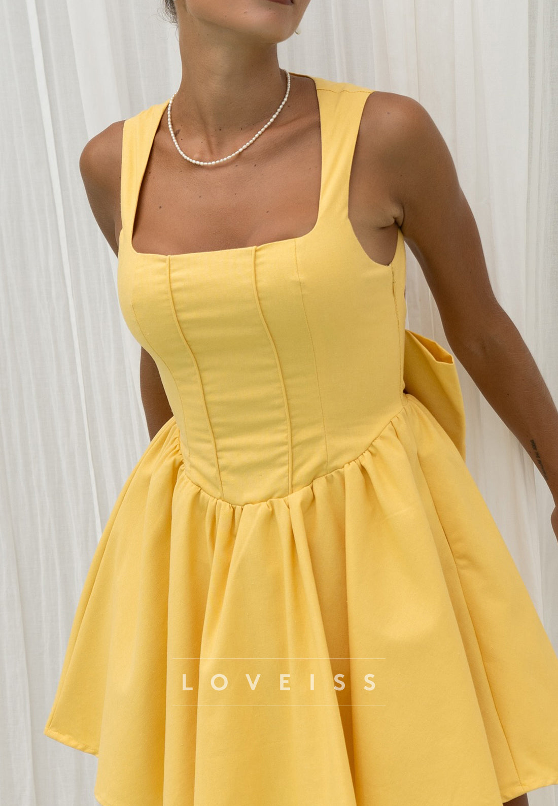 Square Straps Pleated Bowknot A-Line Party Homecoming Dress