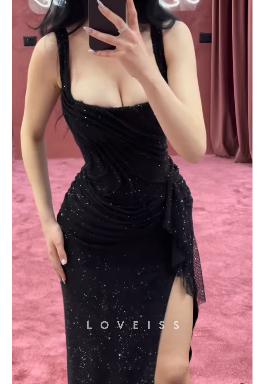 Square Straps Ruched Sparkly Sheath Prom Dress