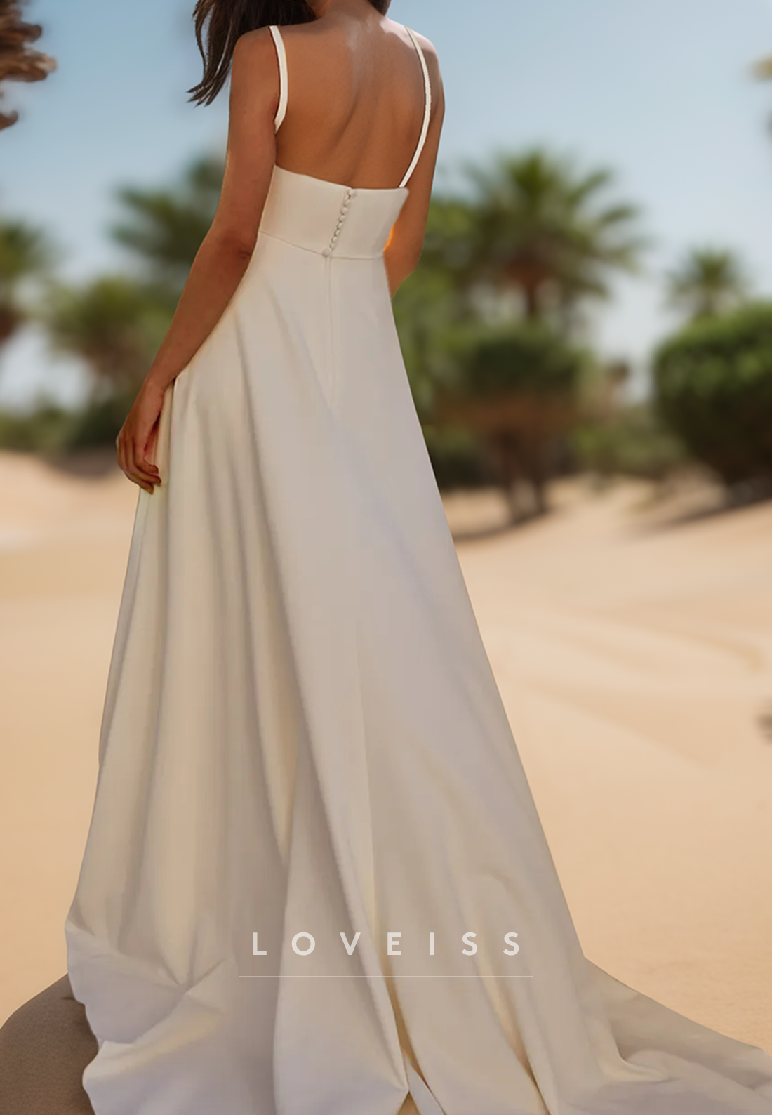 Square Straps Side Slit Sleek Satin A-Line Beach Wedding Dress
