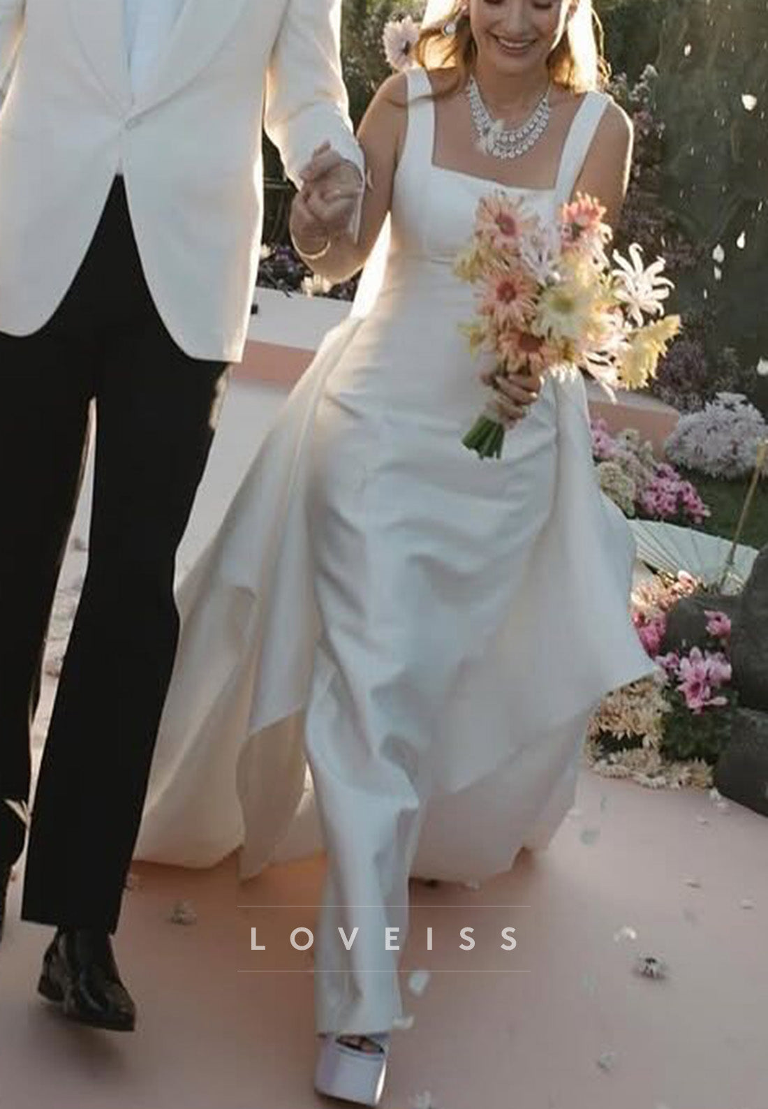 Square Straps Sleek Detachable Train Sheath Wedding Dress