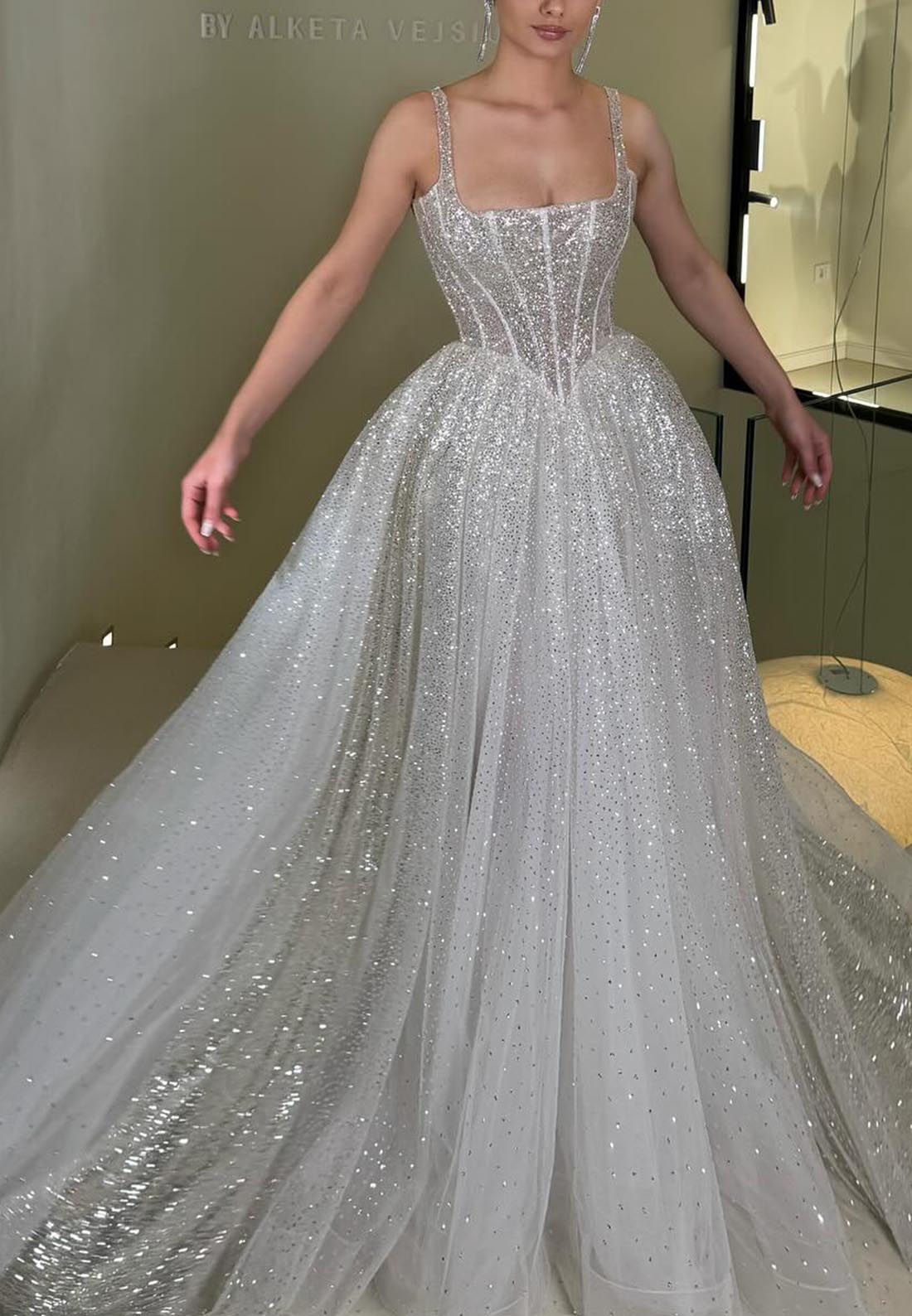 Square Straps Sparkly Ball Gown Wedding Dress