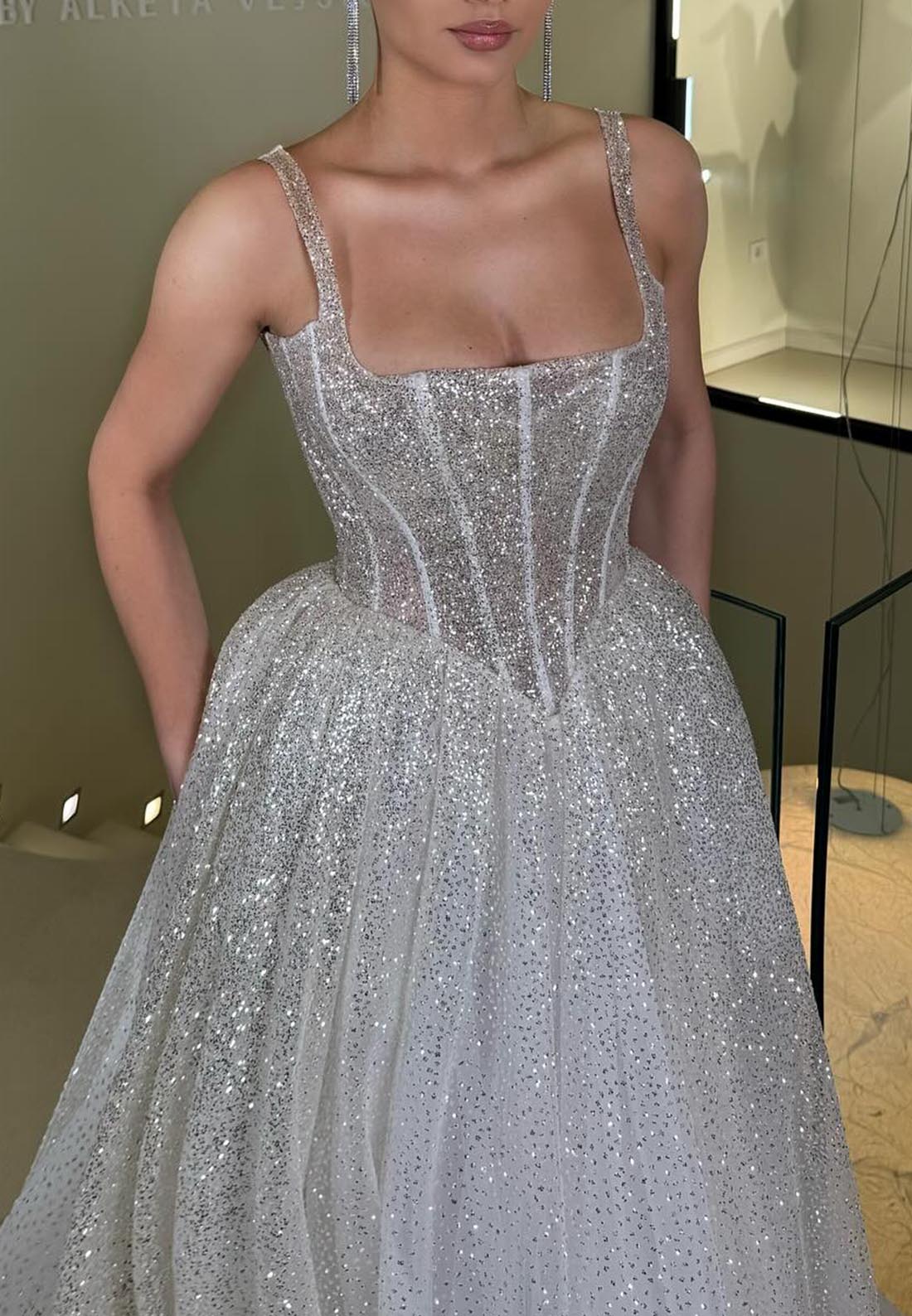Square Straps Sparkly Ball Gown Wedding Dress