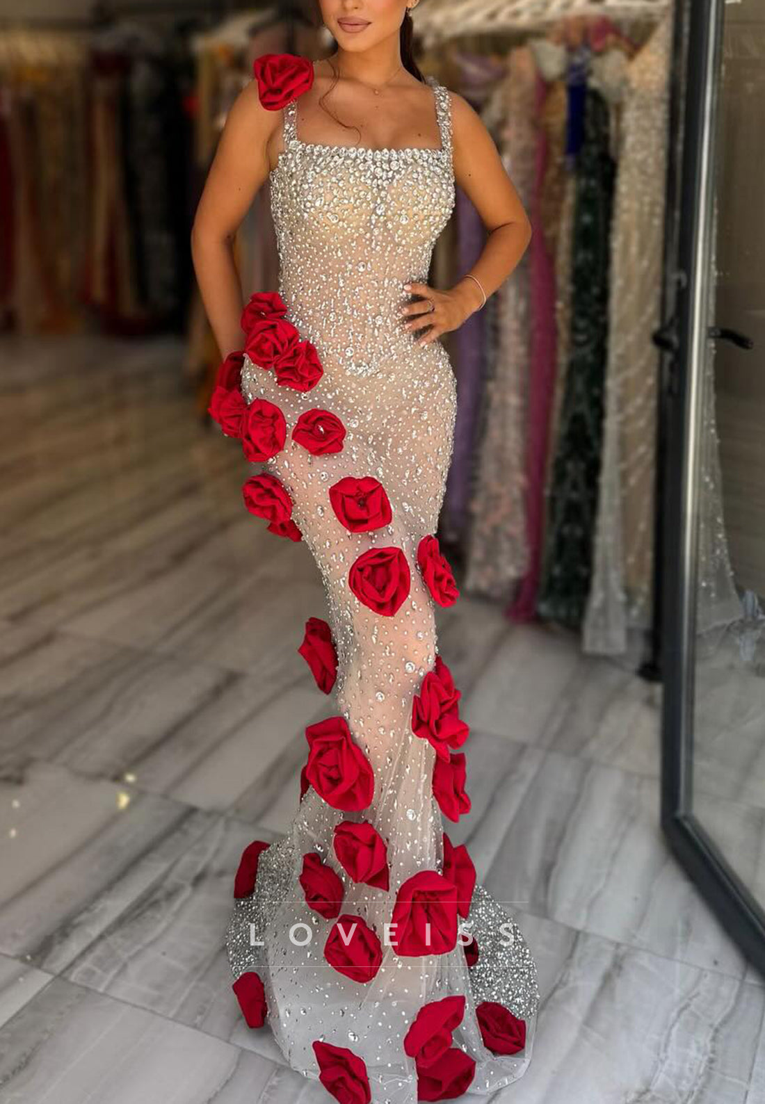 Square Straps Sparkly Floral Embellished Mermaid Prom Dress