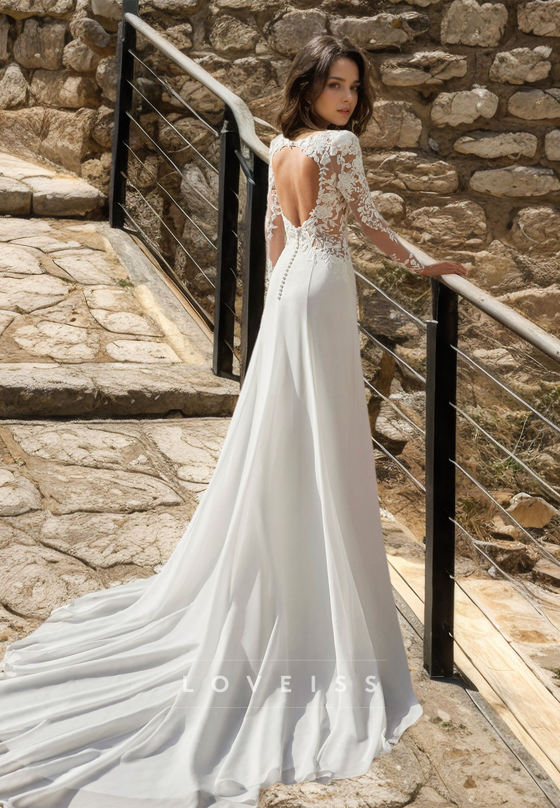 Squrae Long Sleeves Lace Appliques Sleek Sheath Wedding Dress
