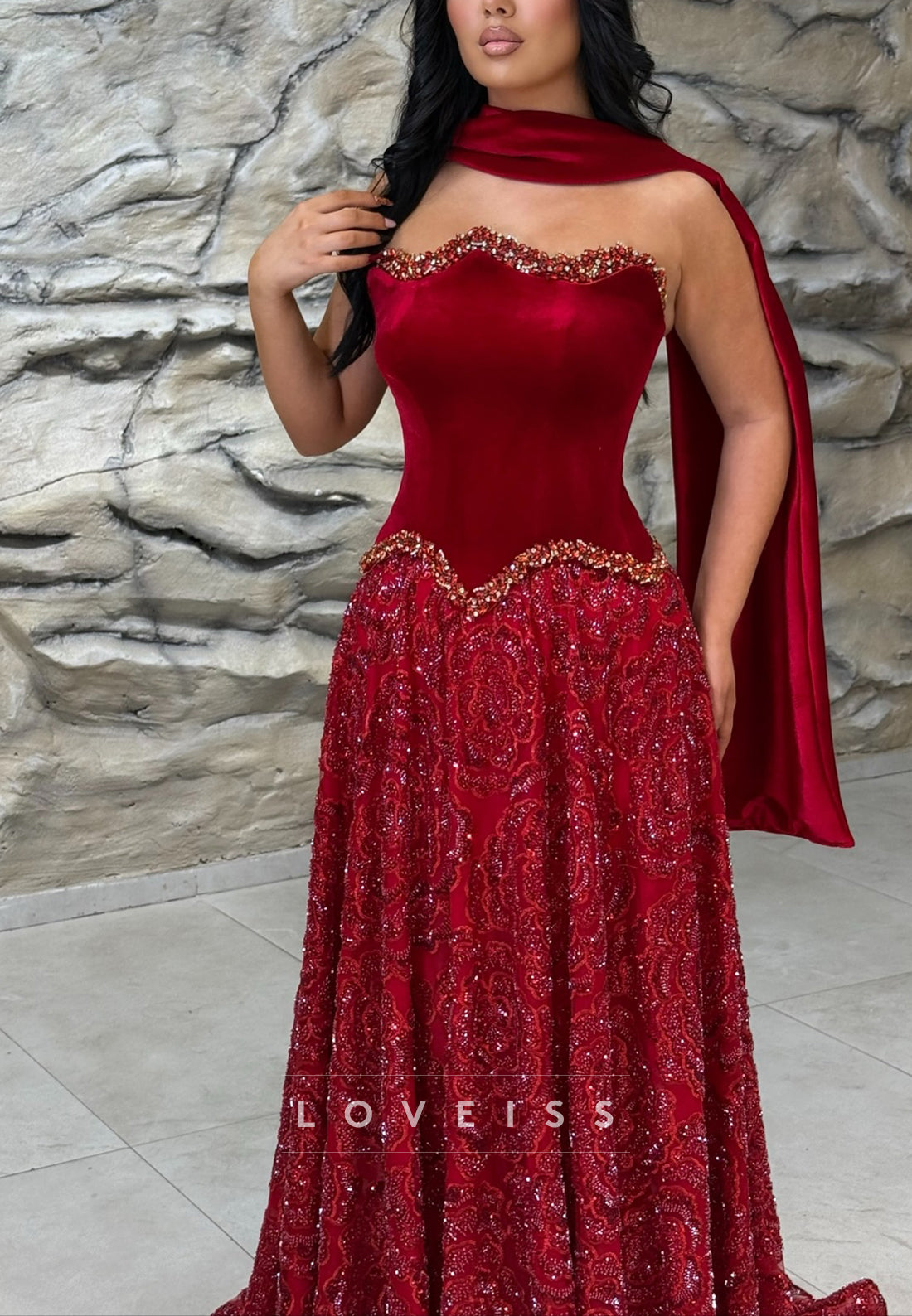 Straight Across Beaded Embroidery A-Line Prom Dress