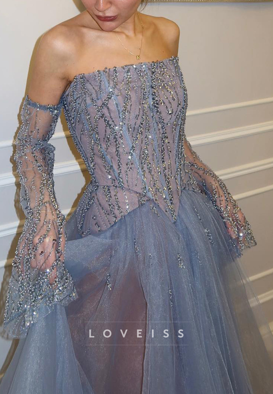 Straight Across Beaded Embroidery Tulle A-Line Prom Dress