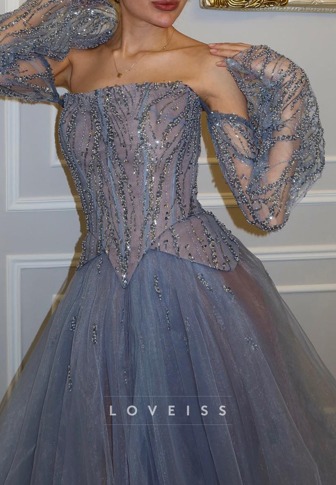 Straight Across Beaded Embroidery Tulle A-Line Prom Dress