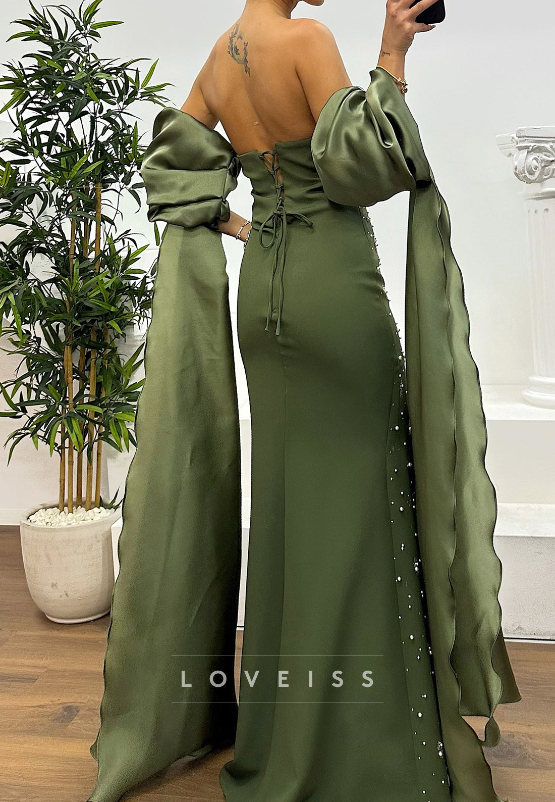 Straight Across Beaded Side Slit Sheath Evening Dress